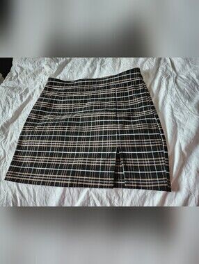 Garage Black Plaid Mini Skirt with Tan and White Lines